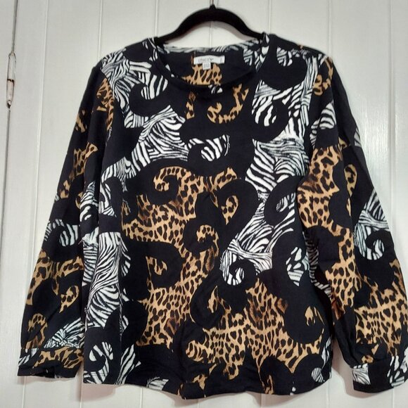 Chico's Black, White, & Brown Leopard & Zebra Print Sweatshirt size 2 (12/14) - Picture 1 of 1